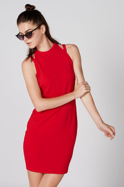 Red sleeveless mini dress with high neckline, fitted silhouette