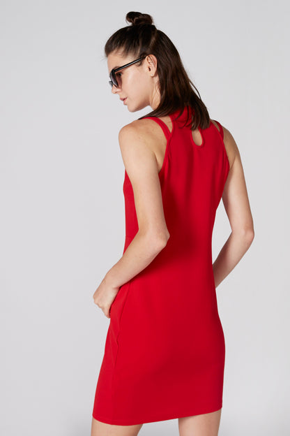 Red sleeveless mini dress back view, fitted seams and straight hem