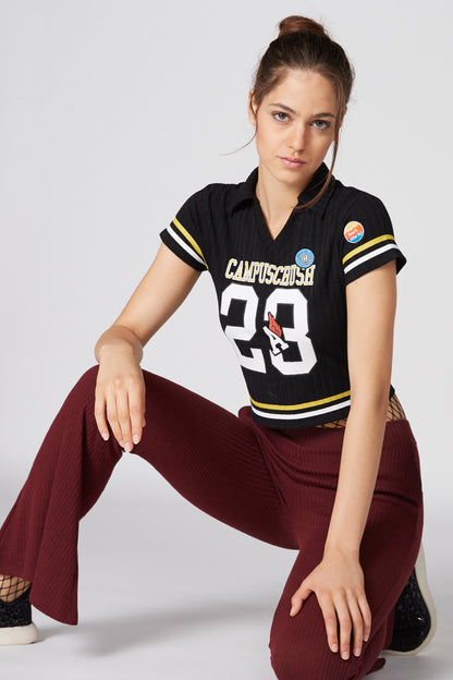 Black short-sleeve V-neck jersey with CampusCrush logo and 23 graphic, yellow trim