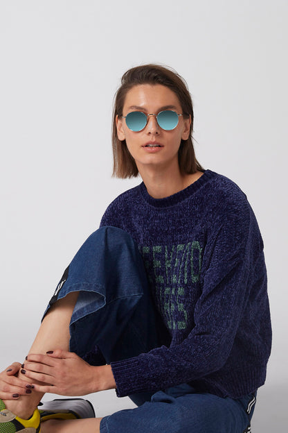 Blue knit sweater with neon graphic logo, crew neck, long sleeves
