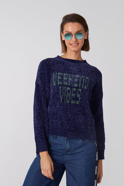 Blue knit sweater, crew neck, neon graphic print on front, long sleeves