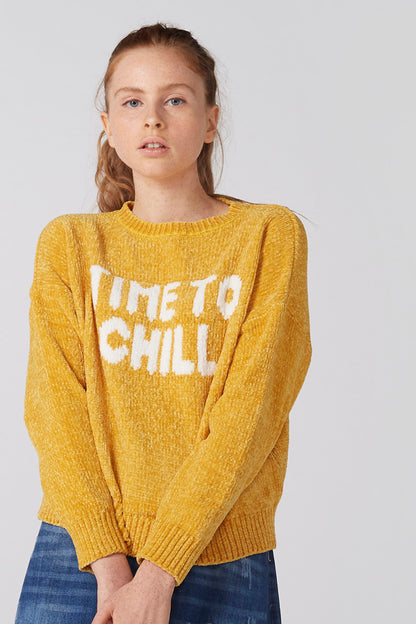 Yellow knit sweater with white "TIME TO CHILL" graphic and ribbed cuffs