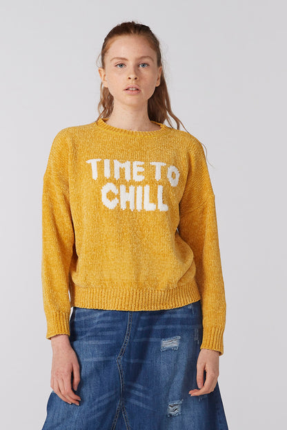 Yellow crewneck knit sweater with white "TIME TO CHILL" lettering