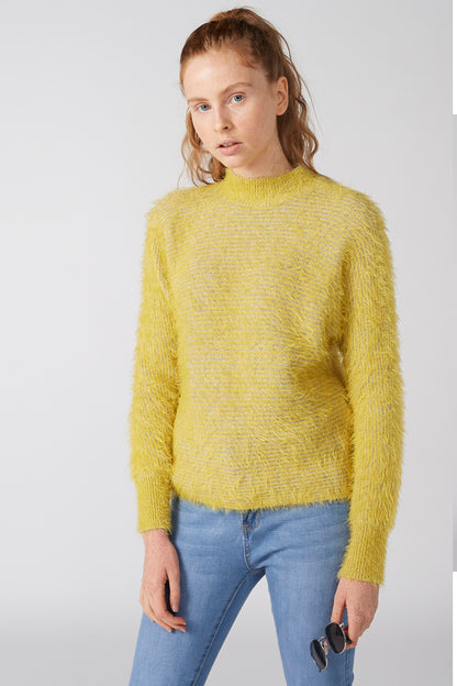 Yellow fuzzy textured knit sweater with crew neck and ribbed hem