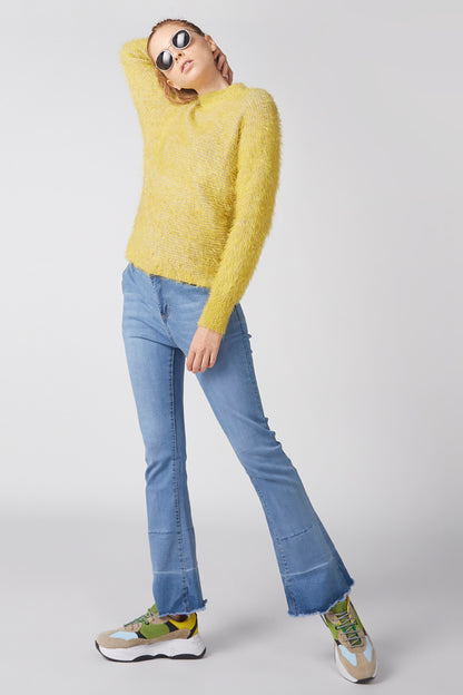 Yellow fuzzy knit sweater, long sleeves, crew neck