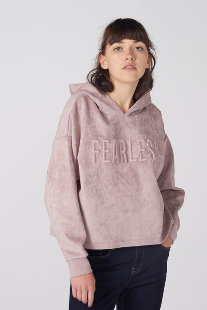 Pink hooded sweatshirt with 'FEARLES' front graphic and kangaroo pocket