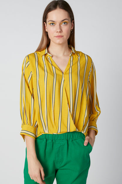 Splash striped blouse with button front, elastic waist, rolled cuffs; green pants