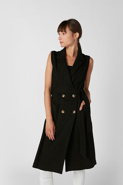Black sleeveless vest with lapels and gold buttons, side tie waist and long hem