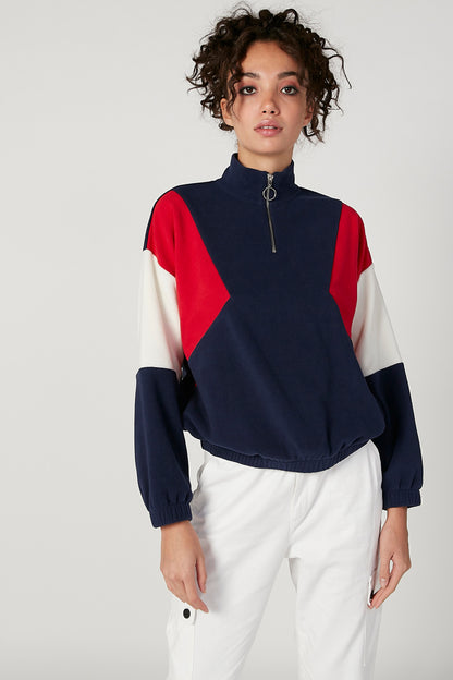 Navy red and white colorblock quarter-zip sweatshirt, stand collar, long sleeves