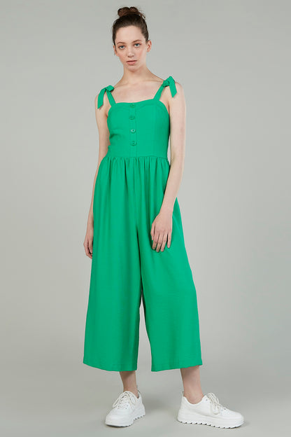 Green sleeveless midi dress with square neckline, tie straps and button front