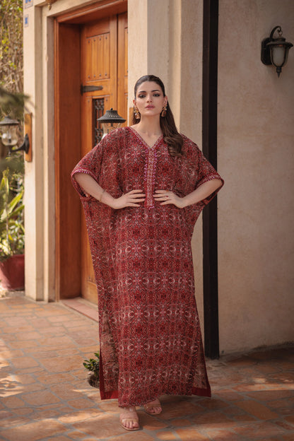 Velour maxi dress, red floral patterned V-neck with relaxed fit and long maxi length