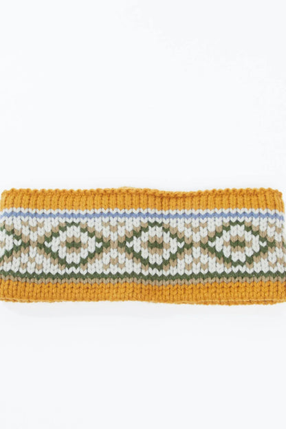 Striped knit headband with ribbed cuffs, mustard border and cream-blue-green pattern