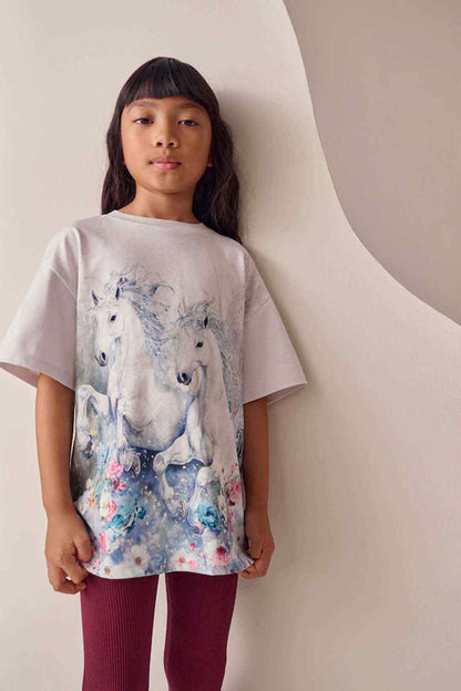 Kids' white T-shirt featuring blue horse and colorful floral front graphic