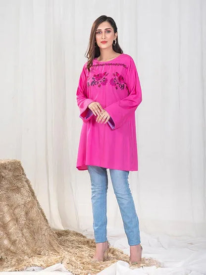 Pink long tunic with round neck, floral front embroidery, straight hem, long sleeves