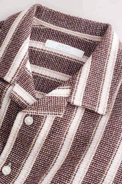NEXT branded brown and white striped shirt, button placket close-up