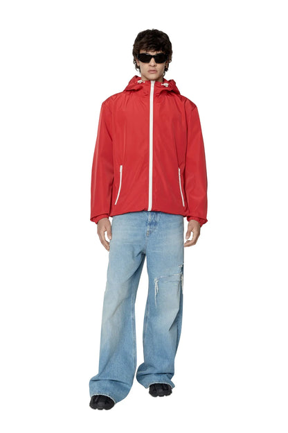 Diesel red hooded zip-up windbreaker jacket, full front view