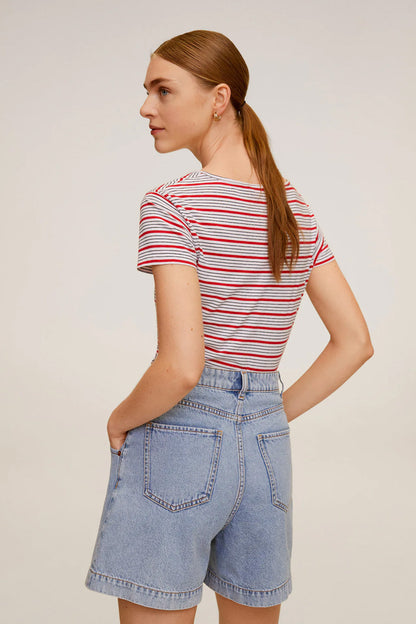 Striped crew-neck T-shirt with short sleeves, blue and red lines on white (back view)