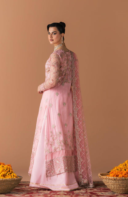 Pink stitched long kurta dress, side-back view; sheer dupatta with diamond pattern