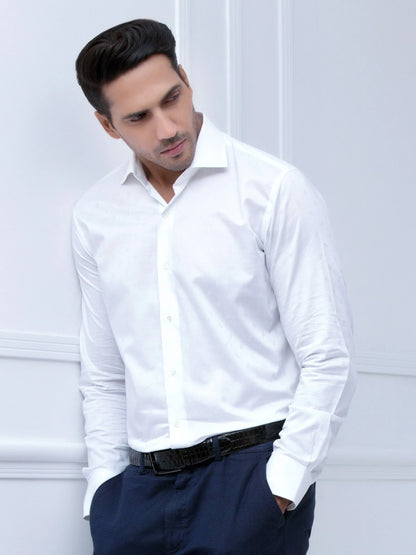 Men's white dress shirt with button placket, side view, long sleeves