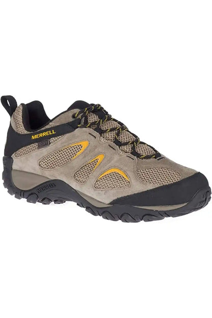 Merrell hiking shoes in light gray with black trim, mesh panels, and lace-up.