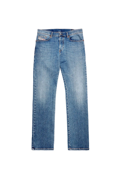 Men's blue straight-leg jeans, back view, with belt loops and stitched yoke