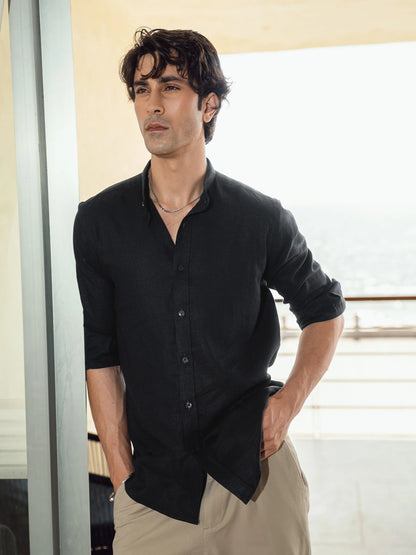 Black button-up linen-cotton shirt with 3/4 sleeves and front buttons