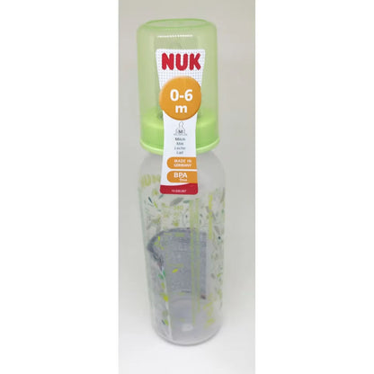 Nuk baby bottle with green cap, 0-6 months, transparent body with leaf graphics