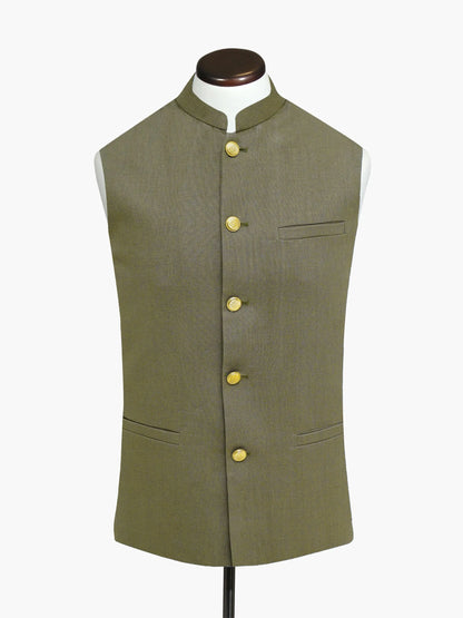 Brumano olive green sleeveless vest with stand collar, gold buttons, chest pocket
