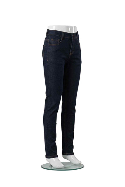 Dark blue denim jeans, side view, five pockets with belt loops and stitched seams