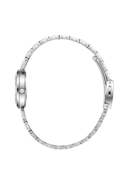 Two-tone metal wristwatch back view with rose-gold and silver link bracelet