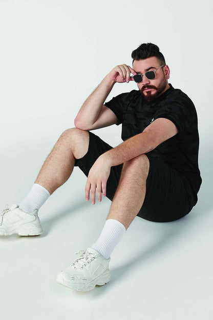 Men's black camo-print shorts with drawstring