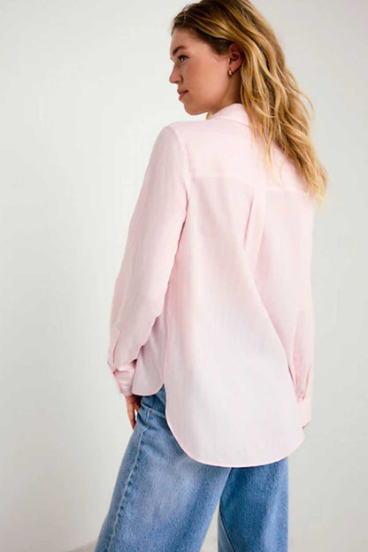 Pink button-up shirt, back view with long sleeves