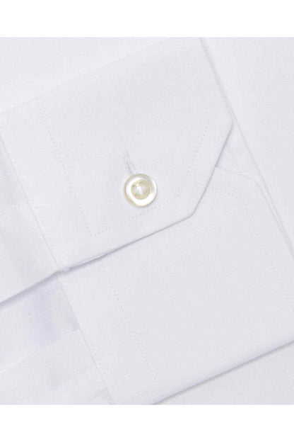 White dress shirt collar and center button with gold-tone hardware