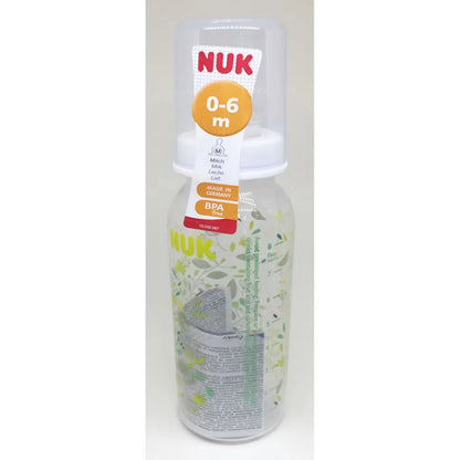 Nuk baby bottle with white cap, 0-6 months, transparent body with green graphics