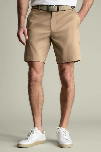 Men's tan chino shorts, straight fit, belt loops, zip fly, button
