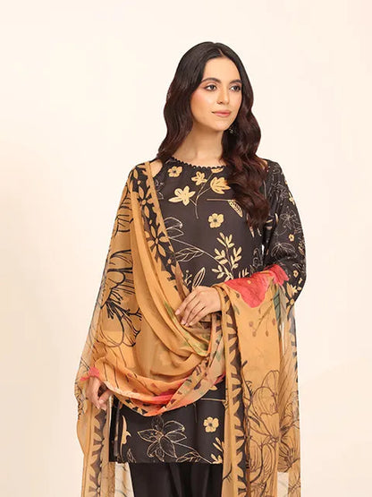 Black floral kurta with patterned sleeves, matching pants, beige dupatta with red detail