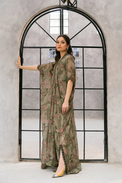 Velour maxi dress in olive green with red paisley print, V-neck, short sleeves.