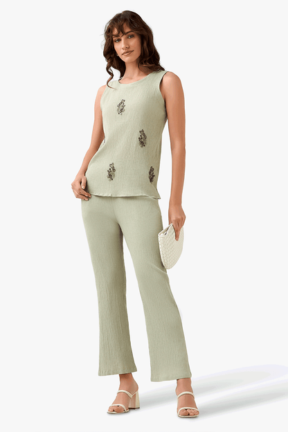 Sleeveless top and wide-leg pants set in light green with bead embroidery