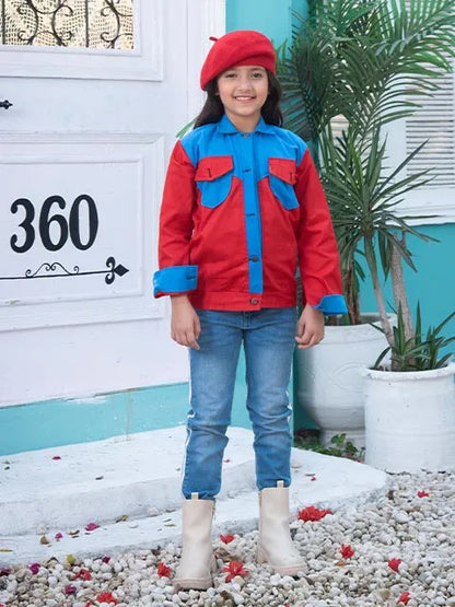 Kids red and blue hooded jacket with long sleeves, two chest pockets, and front placket