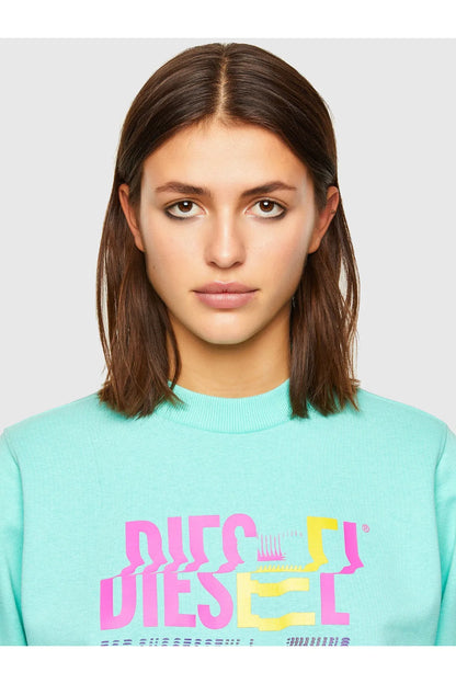 Teal crewneck sweatshirt close-up with pink graphic logo print on chest