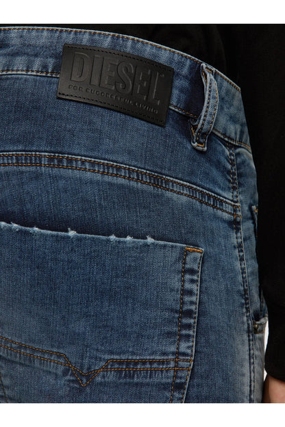 Blue denim jeans with stitched front pockets and waistband label