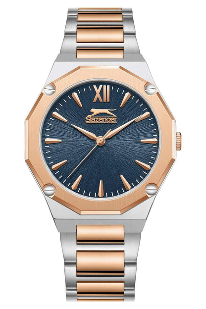 SLAZENGER rose gold and silver-tone wristwatch with dark blue dial, Roman numerals