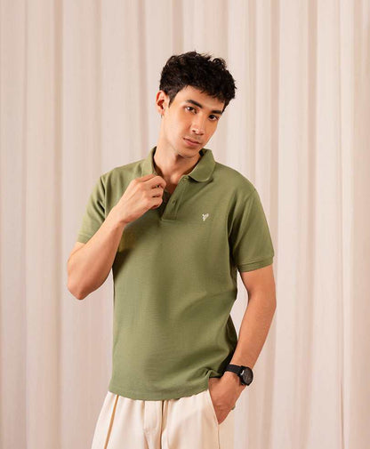 Olive green fitted polo shirt with folded collar and small chest logo