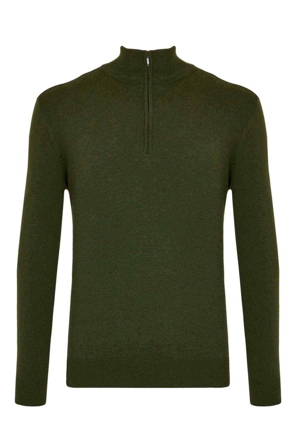 Dark green knit quarter-zip pullover with mock neck and long sleeves