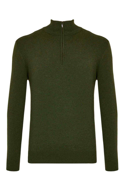 Dark green knit quarter-zip pullover with mock neck and long sleeves