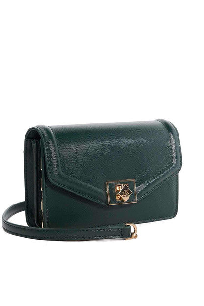 Dune London dark green flap crossbody bag, gold-tone clasp and logo plaque
