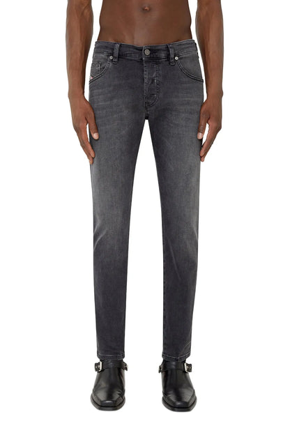 Dark gray straight-leg jeans front view, zip fly and belt loops