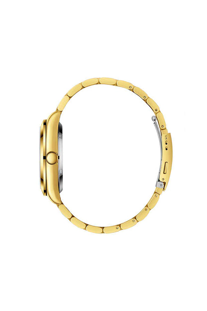 Lee Cooper gold wristwatch side profile with metal link bracelet