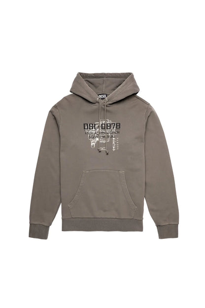 Grey pullover hoodie with front graphic print, kangaroo pocket, and drawstring hood