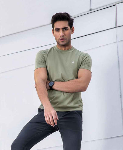 Olive fitted crew-neck T-shirt with small chest logo